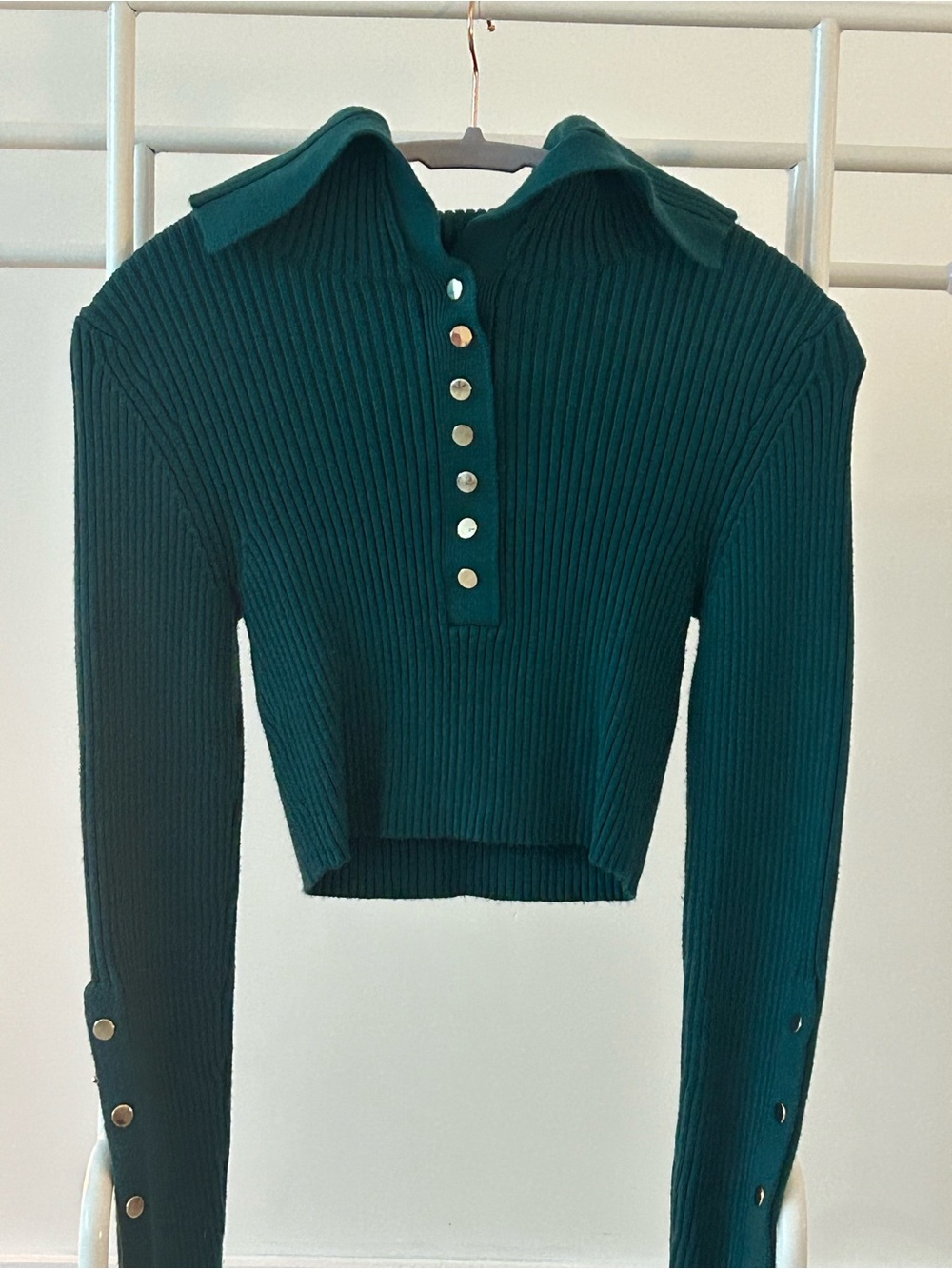 Zara Teal Ribbed Polo Sweater with Gold Buttons